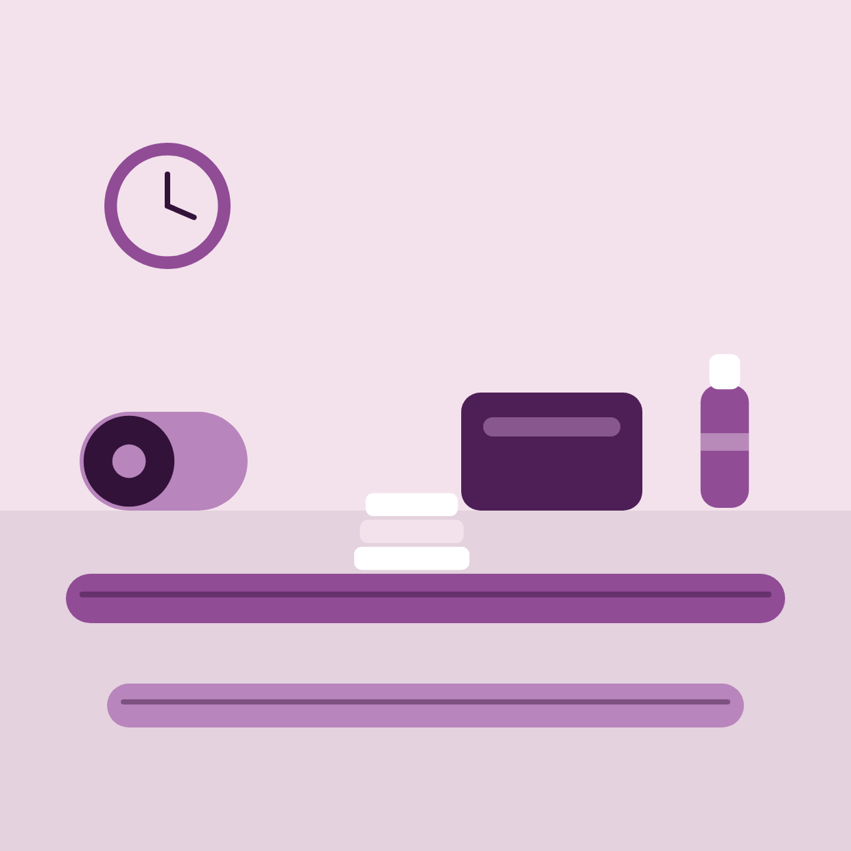 Exercise mats laid out with a foam block, a rolled mat and folded towels.